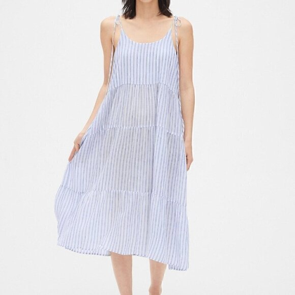 Love Gap Dreamwell Crinkle Stripe Tiered Midi Slightly Sheer Night Dress - Picture 1 of 7